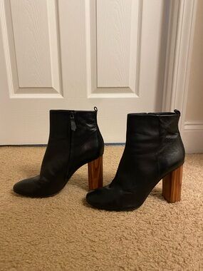 Tory Burch Raya Black Leather Ankle Boots with Wood Block Heel